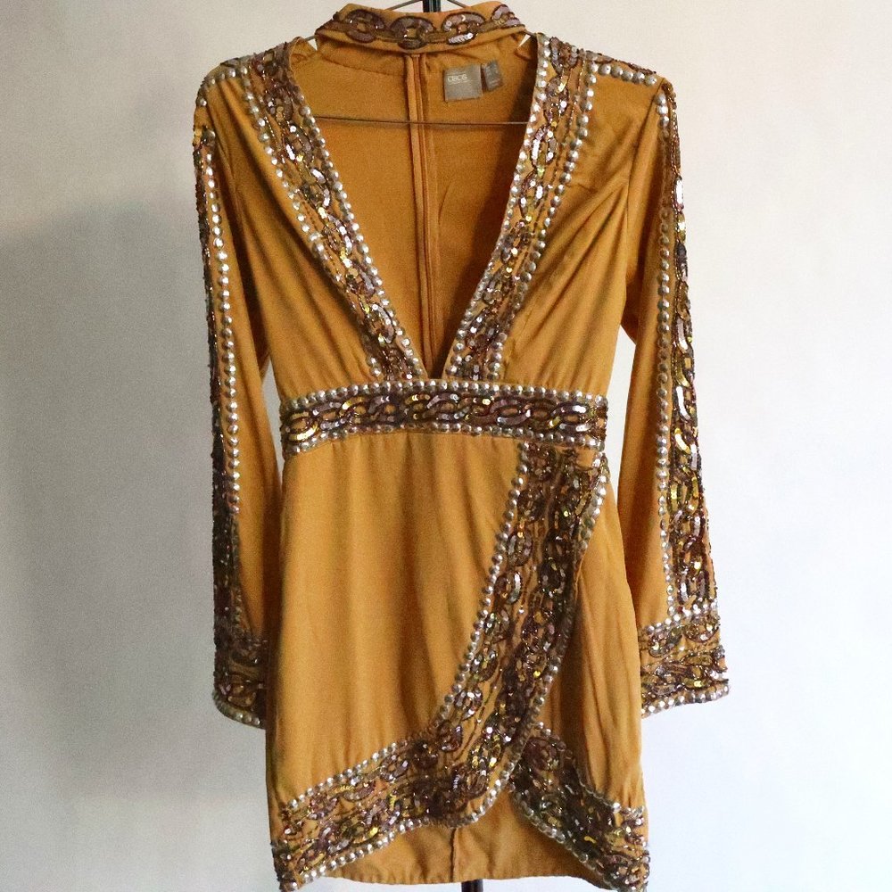 Beaded Embellished Long Sleeve Gold and Silver Sequin Tunic Mini Dress - XS or S
